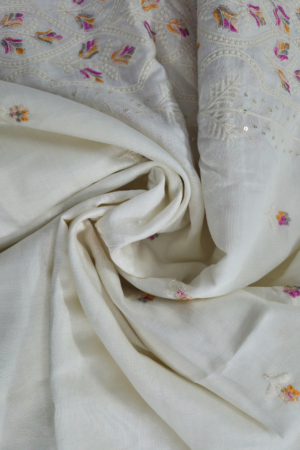 Premium Floral Schiffli Embroidery Fabric with Decorative Lace Border & Multicolor Floral Buttis | Designer Embroidered Fabric for Kurtis, Dresses & Ethnic Wear